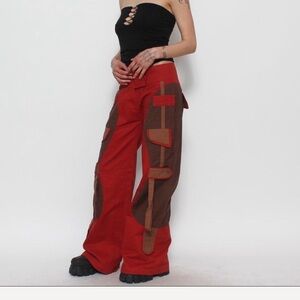 BROWN RUST AND TAN CARGO POCKET LOW RISE WIDE LEG RAVE FESTIVAL HIPPY PANT